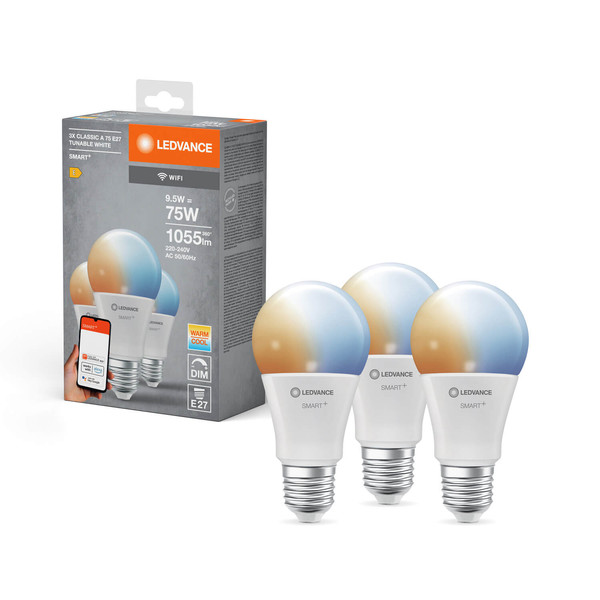 3er Pack LEDVANCE LED Lampe SMART+ WiFi Classic Tunable White 230V TW FR E27 TRIPLE PACK Dimmbar Tunable White, Kalt-zu-Warm-Farbwechsel 4058075778931