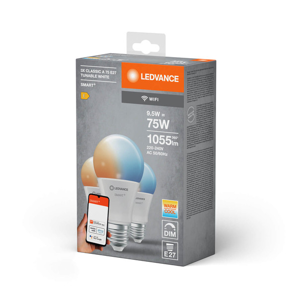 3er Pack LEDVANCE LED Lampe SMART+ WiFi Classic Tunable White 230V TW FR E27 TRIPLE PACK Dimmbar Tunable White, Kalt-zu-Warm-Farbwechsel 4058075778931