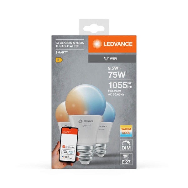 3er Pack LEDVANCE LED Lampe SMART+ WiFi Classic Tunable White 230V TW FR E27 TRIPLE PACK Dimmbar Tunable White, Kalt-zu-Warm-Farbwechsel 4058075778931