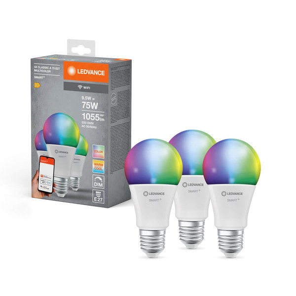 3er Pack LEDVANCE LED Lampe SMART+ WiFi Classic Multicolour 230V RGBW FR E27 TRIPLE PACK Dimmbar RGBTW Farbwechsel / steuerbare Lichtfarbe 4058075778955