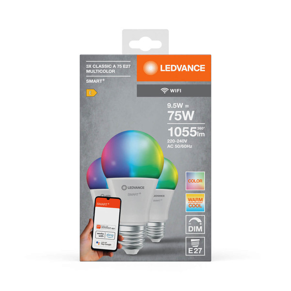 3er Pack LEDVANCE LED Lampe SMART+ WiFi Classic Multicolour 230V RGBW FR E27 TRIPLE PACK Dimmbar RGBTW Farbwechsel / steuerbare Lichtfarbe 4058075778955