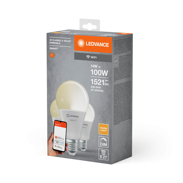 3er Pack LEDVANCE LED Lampe SMART+ WiFi Classic 230V FR E27 TRIPLE PACK Dimmbar Warmweiss 4058075778979