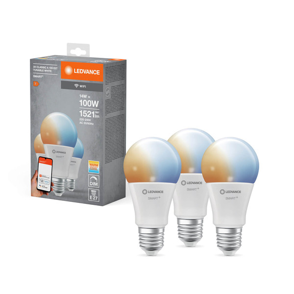 3er Pack LEDVANCE LED Lampe SMART+ WiFi Classic Tunable White 230V TW FR E27 TRIPLE PACK Dimmbar Tunable White, Kalt-zu-Warm-Farbwechsel 4058075778993