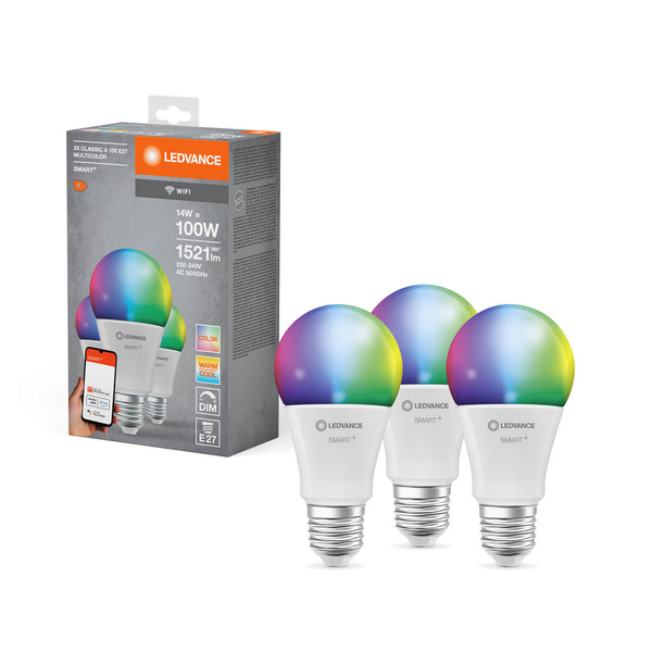 3er Pack LEDVANCE LED Zubehör SMART+ WiFi Classic Multicolour 230V RGBW FR E27 TRIPLE PACK Dimmbar RGBTW Farbwechsel / steuerbare Lichtfarbe 4058075779013