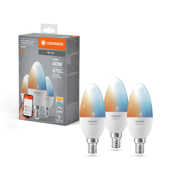 3er Pack LEDVANCE LED Lampe SMART+ WiFi Candle Tunable White 230V TW FR E14 TRIPLE PACK Dimmbar Tunable White, Kalt-zu-Warm-Farbwechsel 4058075779051