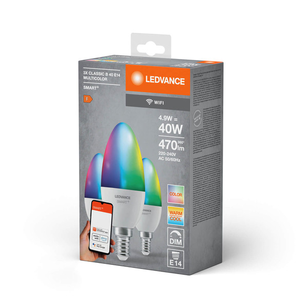 3er Pack LEDVANCE LED Lampe SMART+ WiFi Candle Multicolour 230V RGBW FR E14 TRIPLE PACK Dimmbar RGBTW Farbwechsel / steuerbare Lichtfarbe 4058075779075