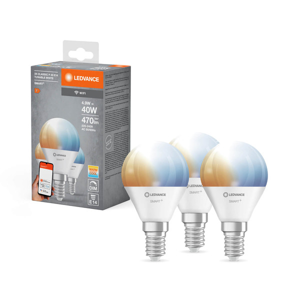 3er Pack LEDVANCE LED Lampe SMART+ WiFi Mini Bulb Tunable White 230V TW FR E14 TRIPLE PACK Dimmbar Tunable White, Kalt-zu-Warm-Farbwechsel 4058075779112