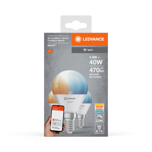 3er Pack LEDVANCE LED Lampe SMART+ WiFi Mini Bulb Tunable White 230V TW FR E14 TRIPLE PACK Dimmbar Tunable White, Kalt-zu-Warm-Farbwechsel 4058075779112