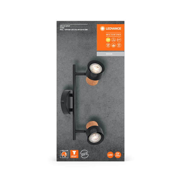 LEDVANCE LED Deckenleuchte DECOR SPOT CORK BLACK 2x3.4W 927 DIM Dimmbar Warmweiss 4058075828681