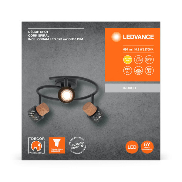 LEDVANCE LED Deckenleuchte DECOR SPOT CORK BLACK Spiral 3x3.4W 927 DIM Dimmbar Warmweiss 4058075828704