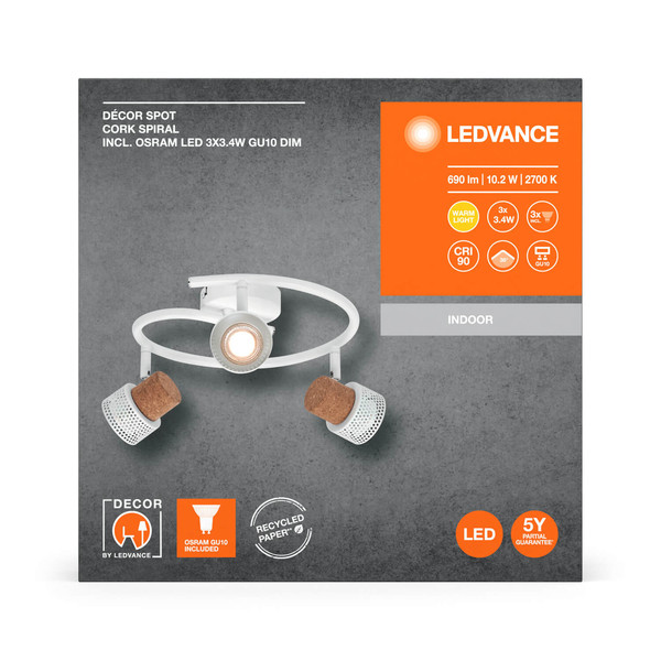 LEDVANCE LED Deckenleuchte DECOR SPOT CORK WHITE Spiral 3x3.4W 927 DIM Dimmbar Warmweiss 4058075833333