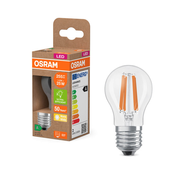 OSRAM LED Lampe CLASSIC P höchste Energieeffizienzklasse A 1.2W 827 Clear E27 Warmweiss 4058075839342