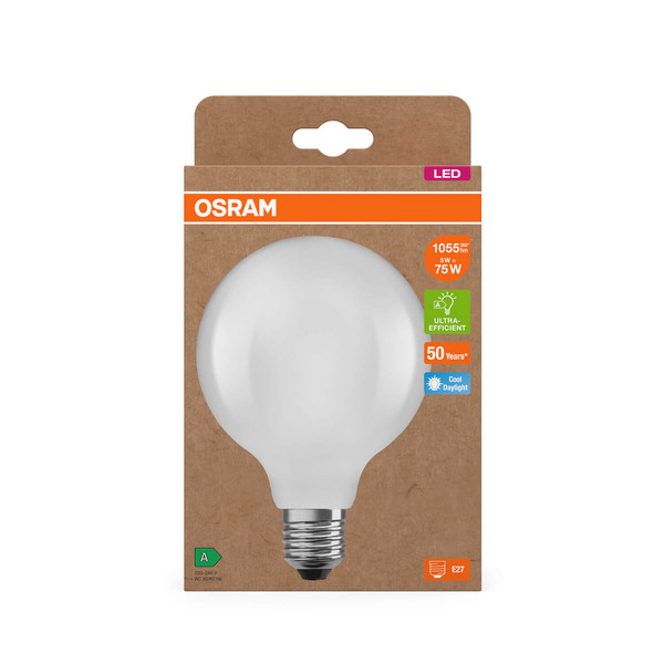 OSRAM LED Lampe LAMPS ENERGY CLASS A höchste Energieeffizienzklasse A Filament CLASSIC Globe 5W 865 Frosted E27 Kaltweiss 4058075839588
