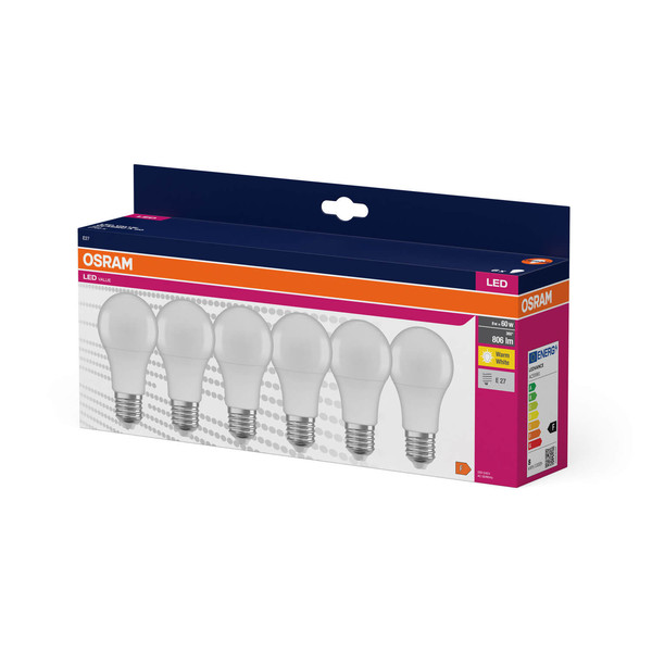 6er Pack OSRAM LED Lampe VALUE CLASSIC A 8.5W 827 Frosted E27 Warmweiss 4058075845640