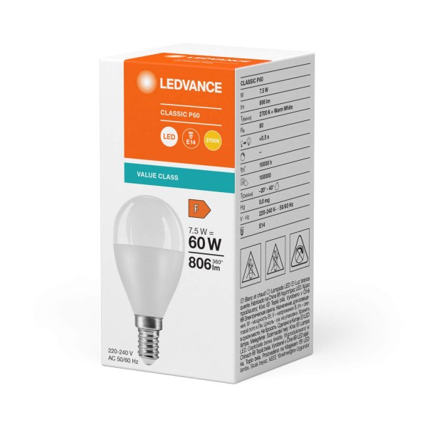 LEDVANCE LED CLASSIC 7.5W 827 gefrostet E14 Lampe 806lm 2700K warmweiss wie 60W 4099854049224