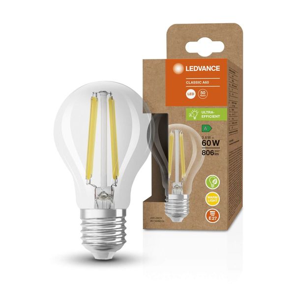 LEDVANCE LED CLASSIC höchste Effizienzklasse A 3.8W 830 klar E27 Lampe 806lm 3000K warmweiss wie 60W 4099854059957