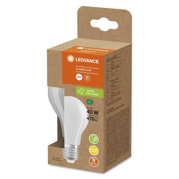 LEDVANCE LED CLASSIC höchste Effizienzklasse A 2.2W 830 gefrostet E27 Lampe 470lm 3000K warmweiss wie 40W 4099854060090