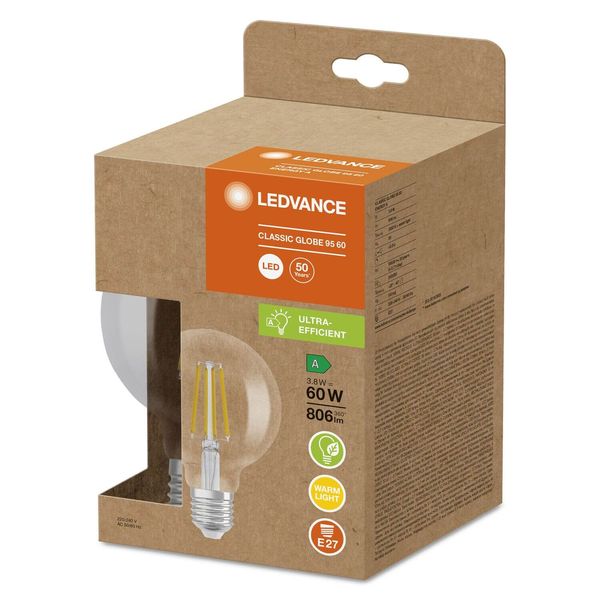 LEDVANCE LED CLASSIC GLOBE höchste Effizienzklasse A 3.8W 830 klar E27 Lampe 806lm 3000K warmweiss wie 60W 4099854060250