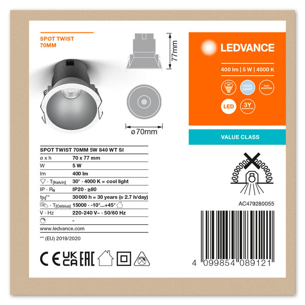 LEDVANCE LED Spot SPOT RECESS TWIST PRO 70mm 5W 4000K White Silver Neutralweiss 4099854089121