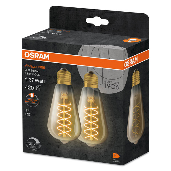 2er Pack OSRAM LED Lampe Vintage 1906 CLASSIC SLIM Filament Edison 7.8W 818 Smoke E27 Dimmbar Warmweiss 4099854147852