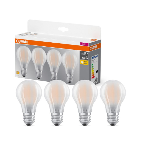 Osram 4er-Pack E27 LED Lampe 6,5W 806Lm warmweiss wie 60W Glühlampe 4099854193484