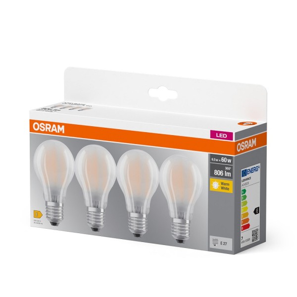 Osram 4er-Pack E27 LED Lampe 6,5W 806Lm warmweiss wie 60W Glühlampe 4099854193484