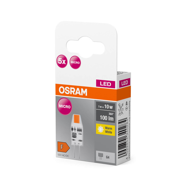 5er Pack OSRAM LED Lampe BASE PIN G4 12 V 1W 827 Clear G4 Warmweiss 4099854340284