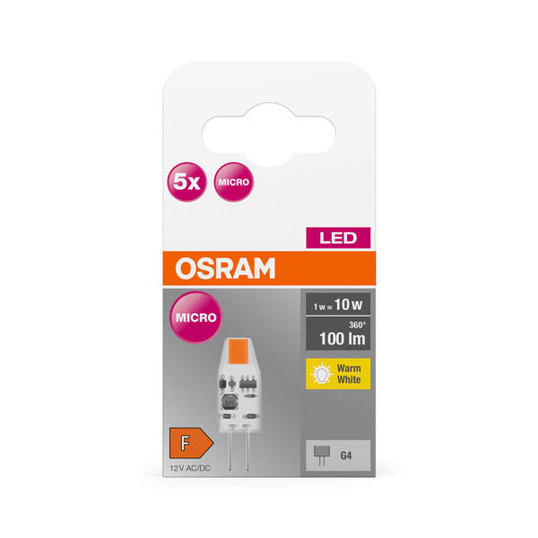 5er Pack OSRAM LED Lampe BASE PIN G4 12 V 1W 827 Clear G4 Warmweiss 4099854340284