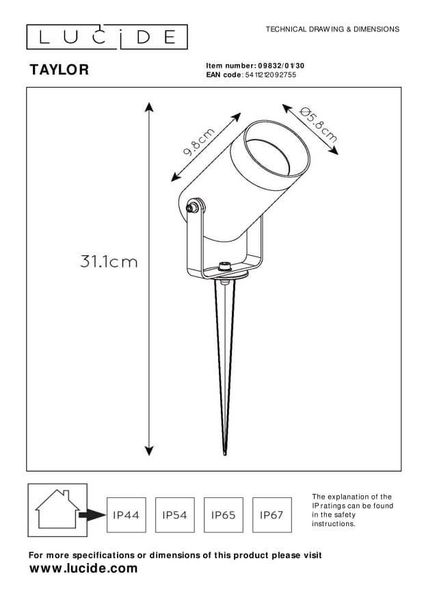 Lucide TAYLOR Gartenstrahler GU10 360° drehbar Schwarz IP65 09832/01/30