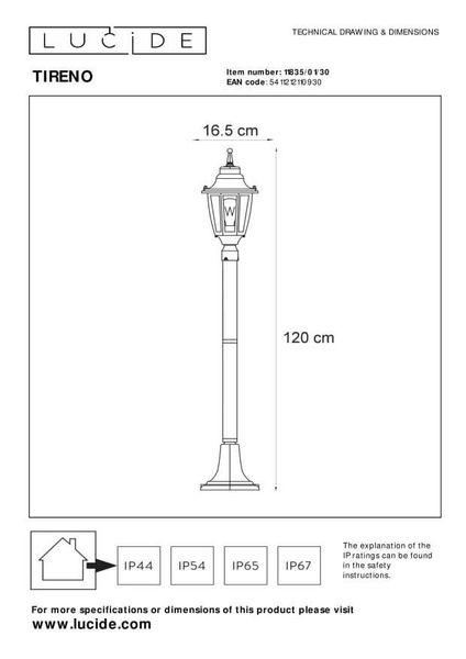 Lucide TIRENO Mastleuchte E27 Schwarz IP44 11835/01/30