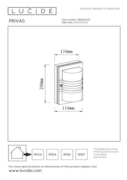 Lucide PRIVAS Außen-Wandleuchte E27 Weiß, Transparent IP44 14826/01/31