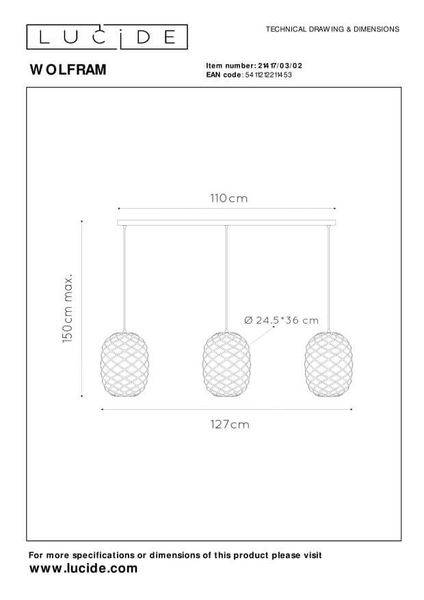 Lucide WOLFRAM Pendelleuchte 3x E27 Mattes Gold, Messing, Schwarz 21417/03/02