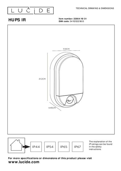 Lucide HUPS IR LED Wandleuchte 10W Weiß, Opal Sensor IP54 22864/10/31