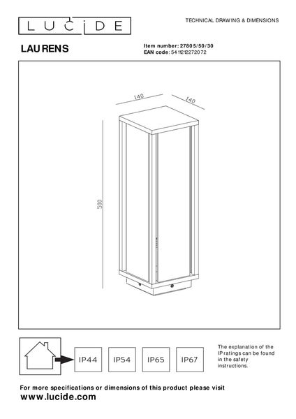 Lucide LAURENS Pollerleuchte E27 Schwarz, Transparent IP54 27805/50/30