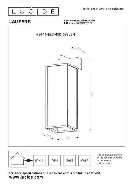 Lucide LAURENS Wandleuchte E27 Schwarz, Mattes Gold, Messing IP54 27806/01/30