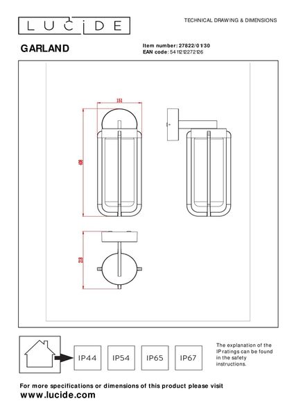 Lucide GARLAND Wandleuchte E27 Schwarz, Transparent IP44 27822/01/30