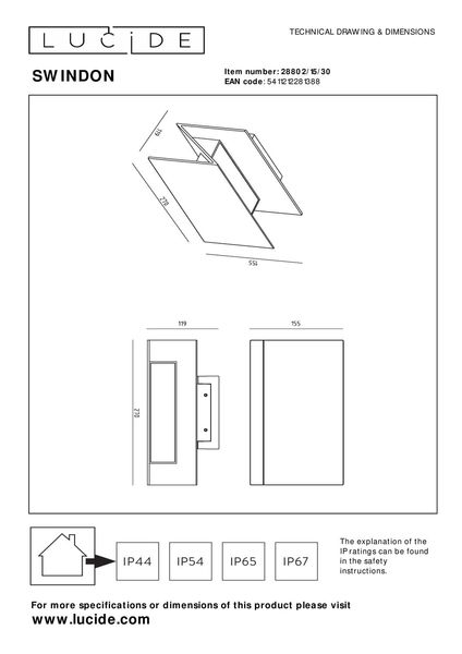 Lucide SWINDON LED Wandleuchte 16W Schwarz IP54 28802/15/30