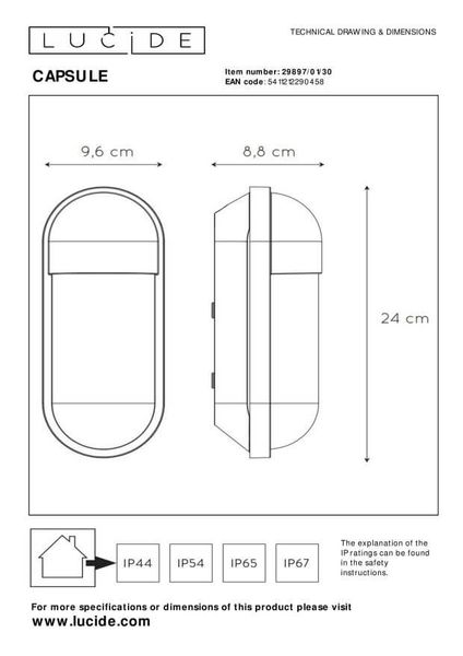 Lucide CAPSULE Außen-Wandleuchte E27 Schwarz, Transparent IP54 29897/01/30