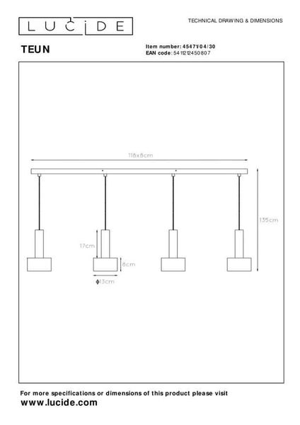 Lucide TEUN Pendelleuchte 4x E27 Schwarz, Nickel 45471/04/30