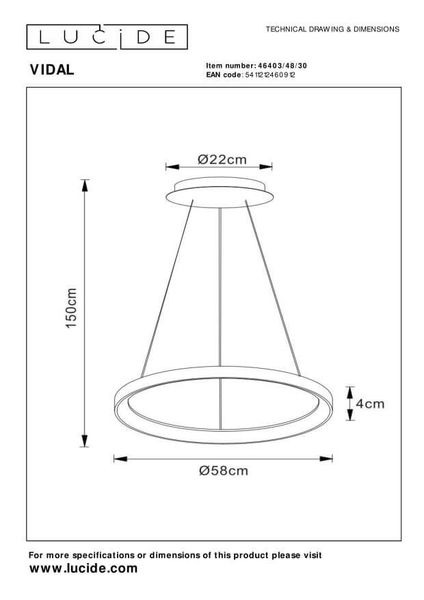 Lucide VIDAL LED Pendelleuchte 48W dimmbar Schwarz, Opal 46403/48/30