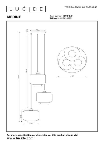 Lucide MEDINE Pendelleuchte 3x E27 Opal, Schwarz 46413/13/61