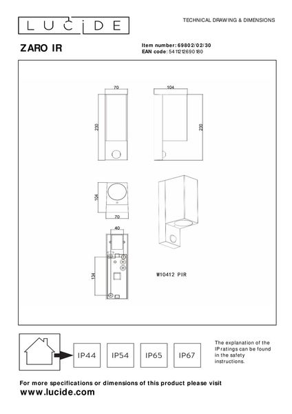 Lucide ZARO IR Wandleuchte 2x GU10 Schwarz Sensor IP65 69802/02/30