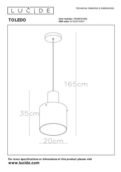 Lucide TOLEDO Pendelleuchte E27 Amber, Kupfer 74405/01/62