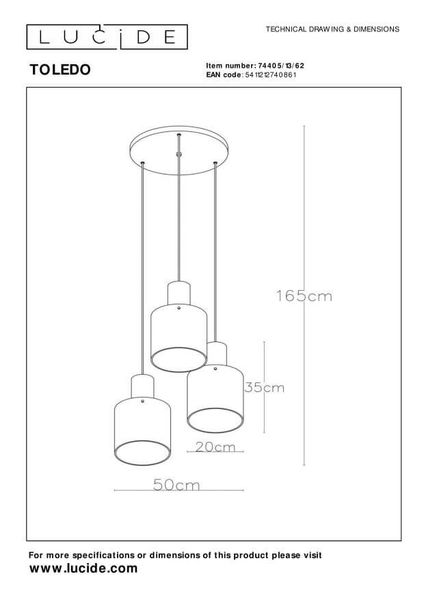 Lucide TOLEDO Pendelleuchte 3x E27 Amber, Kupfer 74405/13/62