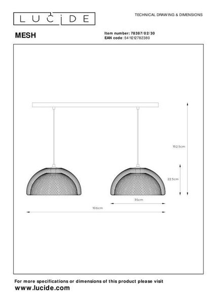 Lucide MESH Pendelleuchte 2x E27 Schwarz 78387/02/30