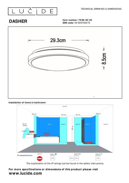 Lucide DASHER LED Deckenleuchte 12W Schwarz, Opal Sensor IP44 79110/30/30