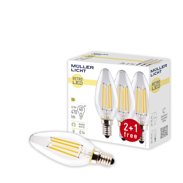 Müller Licht LED Lampe C35 4.2W 40W 220-240V E14 470lm 320° 2700K Retro-2+1 400291