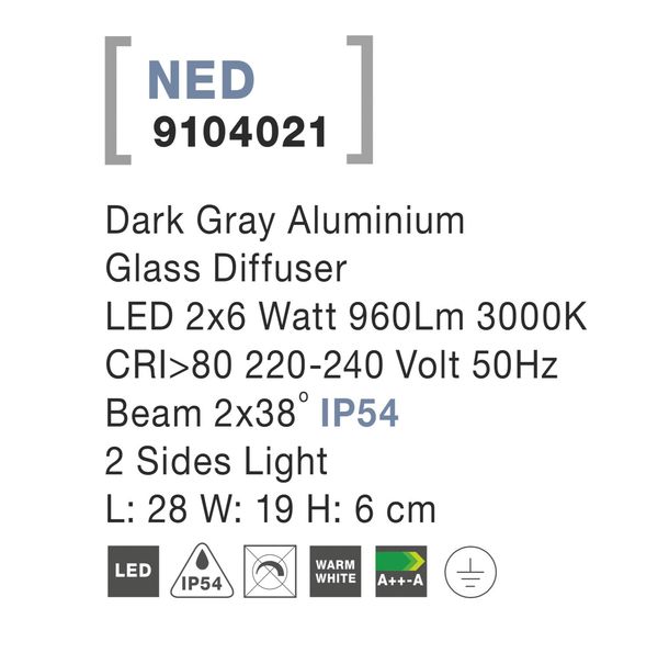 Nova Luce NED LED Wandleuchte Grau 12W IP54 Warmweiss 28x19x6cm 9104021