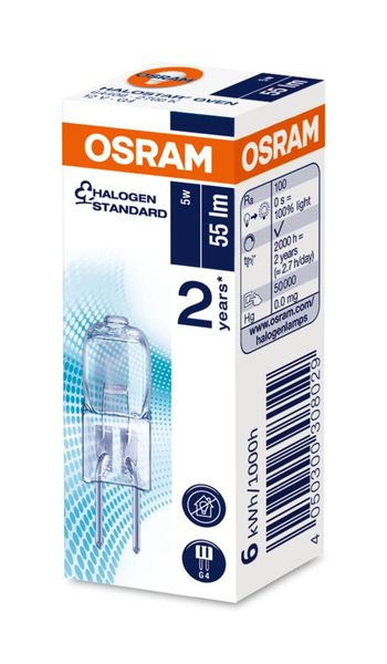 OSRAM HALOSTAR OVEN Ofenlampe 5W 12VG4 55lm 2700K warmweiss 100Ra Made in Germany 4050300308029