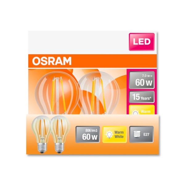 2er Pack Osram LED Filament Lampe Retrofit Classic 7W warmweiss E27 wie 60W Glühbirne 4058075330191